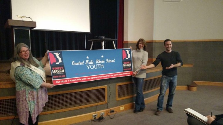 Seth Kolker, at right, with Women's March organizers at the Providence Public Library in Providence, R.I. 