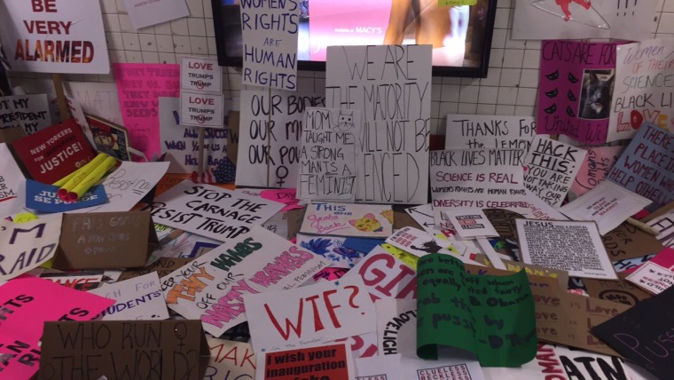 Hundreds of Signs from Women's March NYC in 30 Rock Subway Station