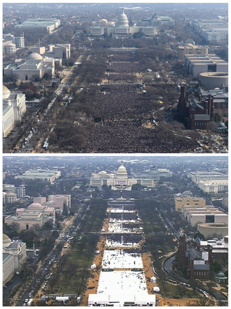 This pair of photos shows a view of the crowd on the National Mall at the inaugurations of President Barack Obama, above, on Jan. 20, 2009, and President Donald Trump, below, on Jan. 20, 2017. The photo above and the screengrab from video below were both shot shortly before noon from the top of the Washington Monument.