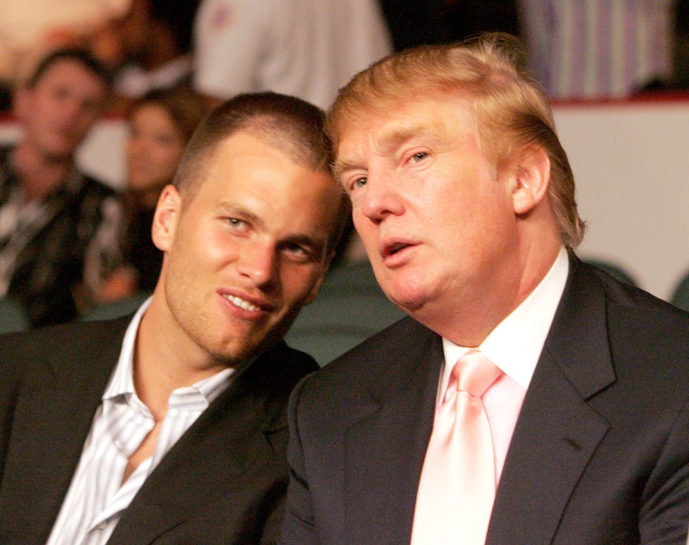 Image: New England Patriots quarterback Tom Brady chats with Donald Trump ringside at the Floyd Mayweather vs Arturo Gatti WBC Lightweight Title Fight, June 25, 2005.