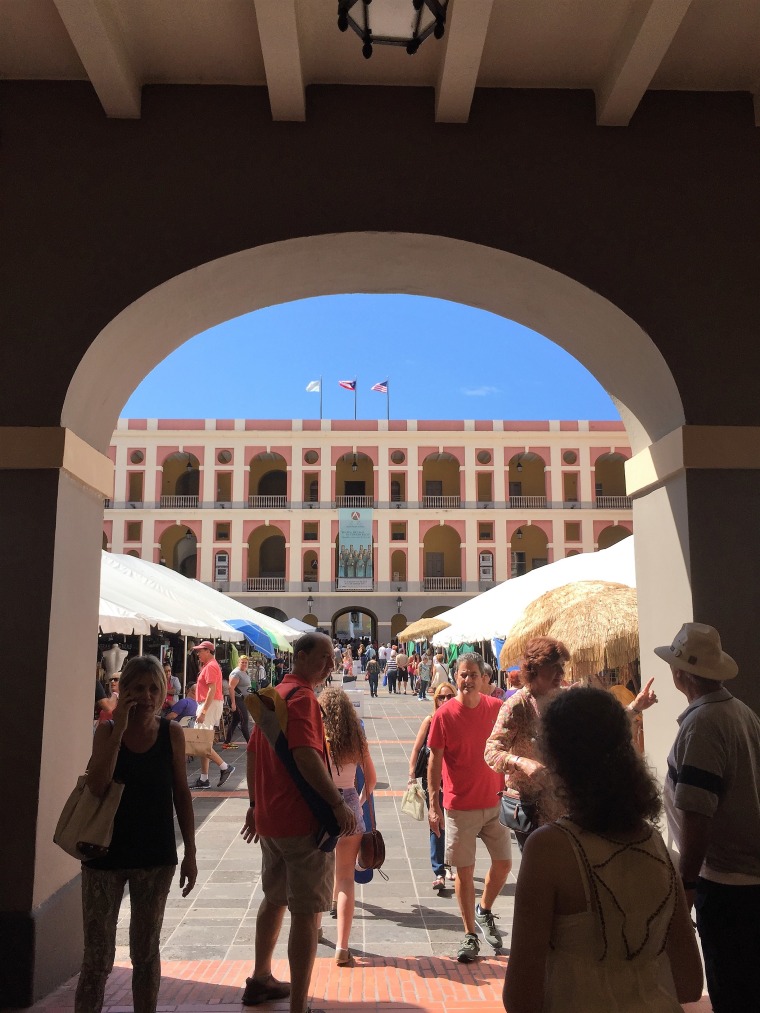 The view upon entering the Cuartel de Ballaj?, once barracks for Spanish soldiers during colonial times, it now houses the artesanos and their creations during the Fiestas.