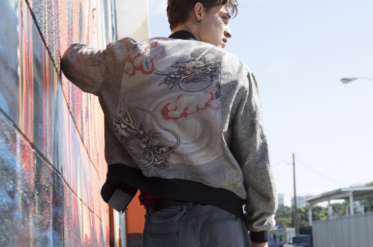 A bomber jacket made using the traditional Japanese nuitori lacing technique from Hiromi Asai's "Blue" collection.