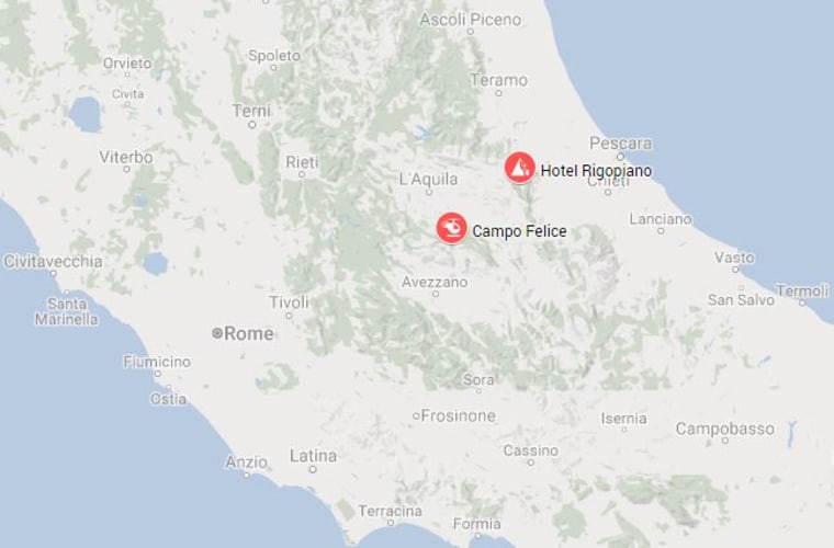 Image: A map showing Campo Felice and Hotel Rigopiano