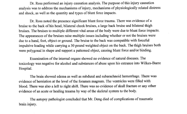 An excerpt of court documents detailing a forensic pathologist's analysis of Michael Deng's cause of death.