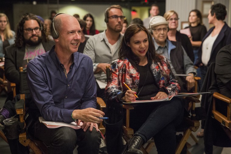 Mike Royce and Gloria Calderon Kellett on the set of "One Day At A Time."