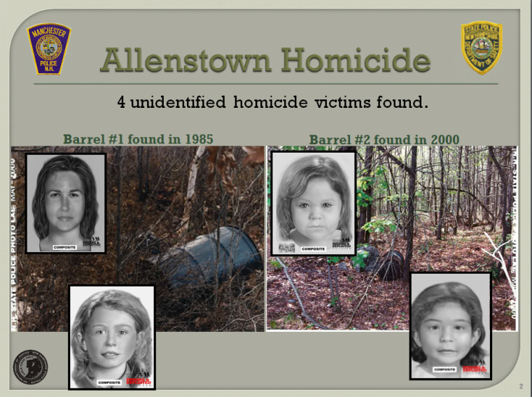 The bodies of a young woman and three girls were found in barrels in Allenstown, New Hampshire, in 1985 and 2000.