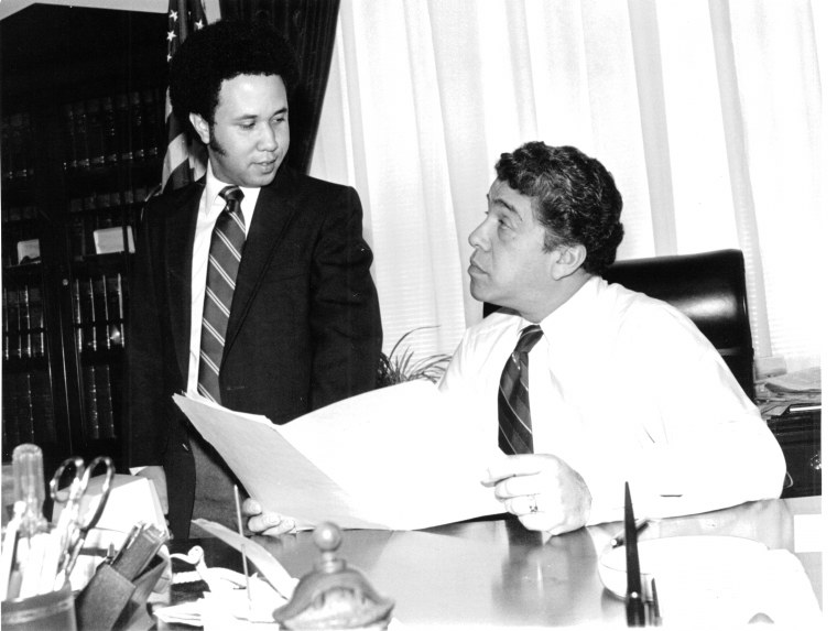 Former Rep. Robert Garc?a, who represented a district in the Southern Bronx from 1977-1991, meets with the Congressional Hispanic Caucus Institute's first fellow Jose M. Garzon in this undated photo. Garc?a died in a veterans hospital in Puerto Rico on Wednesday, Jan. 25, 2017. He was 84.