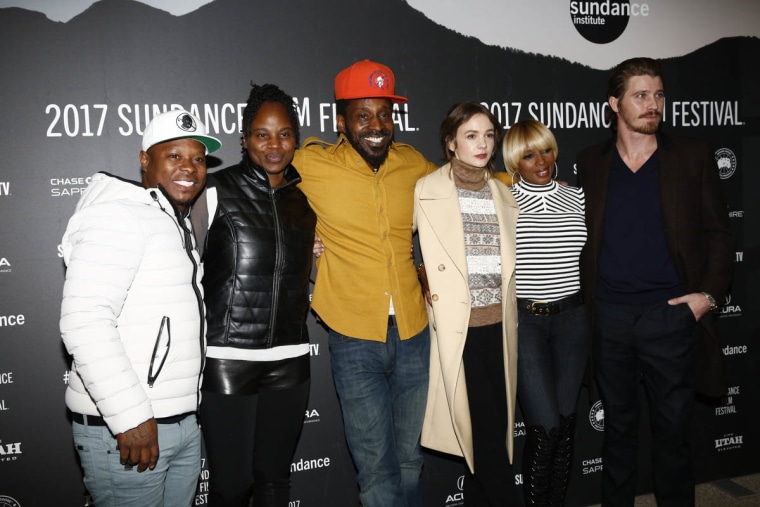 Actor Jason Mitchell, Director Dee Rees, Actor Rob Morgan, Actor Carey Mulligan, Actor Mary J. Blige and actor Garrett Hedlund attend the World Premiere of 'Mudbound' by Dee Rees, an official selection of the Premieres program at the 2017 Sundance Film Festival.