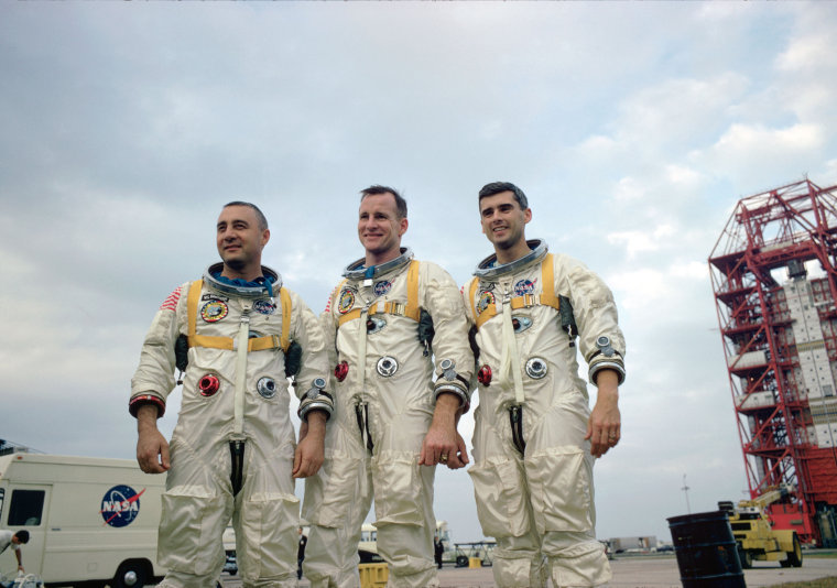 The prime crew of the NASA's first manned Apollo Space Flight, pose during training in Florida. From left, astronauts Virgil I. Grissom, Edward H. White II, and Roger B. Chaffee.