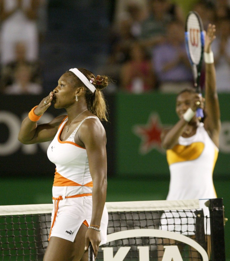 Image: Serena Williams blows kisses after defeating sister Venus in Australian Open Final.
