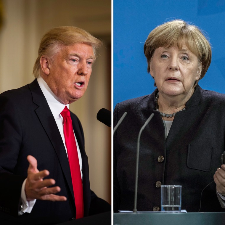 Imaeg: (Left) President Trump speaks at press conference in the East Room of the White House on Jan. 27. (Right) German Chancellor Angela Merkel gestures while speaking to the media in Berlin, Germany on Jan. 16.