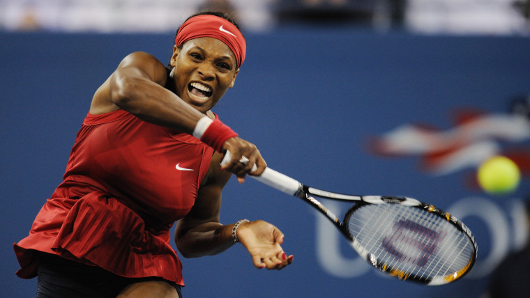 Image: 2008: Serena Williams smashes a return to Jelena Jankovic of Serbia during the women's final at the US Open tennis tournament in New York on Sept. 7.