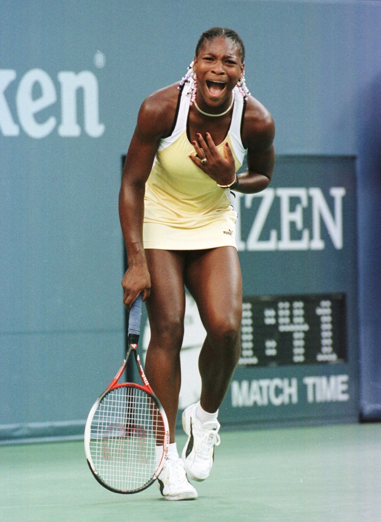 Image: 1999: Serena Williams, 17, celebrates her win over Martina Hingis of Switzerland in the women's final of the U.S. Open at the USTA National Tennis Center in Flushing Meadows, New York on Sept. 11. Williams defeated Hingis to win her first U.S. Open