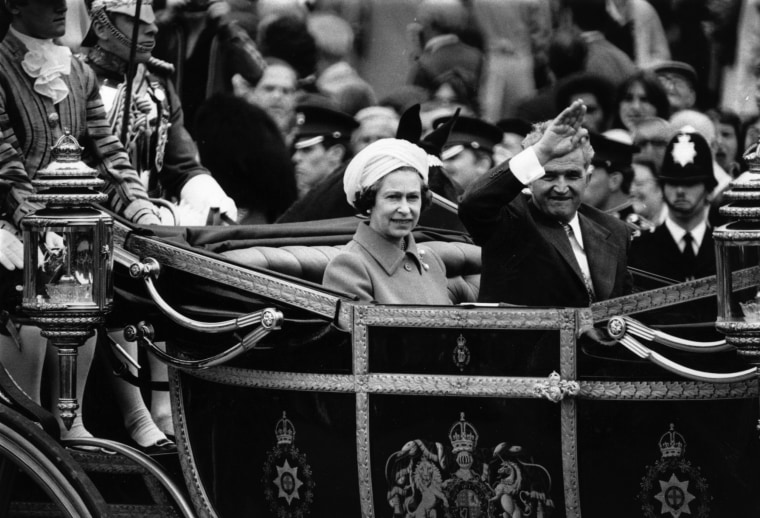 Image: Romanian dictator Nicolae Ceausescu rides in the state carriage with Queen Elizabeth II on his official visit to Britain
