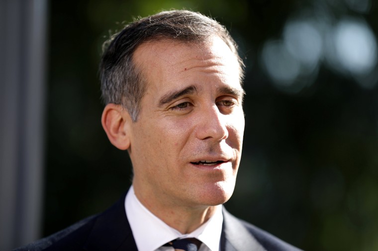 Image: Los Angeles Mayor Eric Garcetti speaks to reporters in Los Angeles, California on Jan. 25.