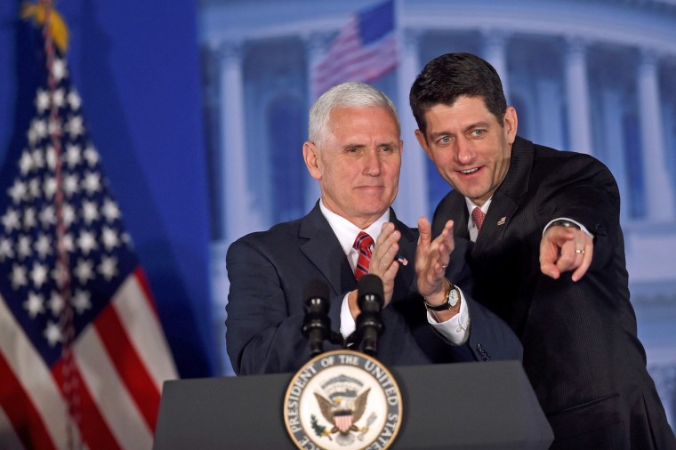 Image: Vice President Mike Pence and House Speaker Paul Ryan acknowledge the crowd during the 2017  \"Congress of Tomorrow\" Joint Republican Issues Conference in Philadelphia, Pennsylvania on Jan. 26.