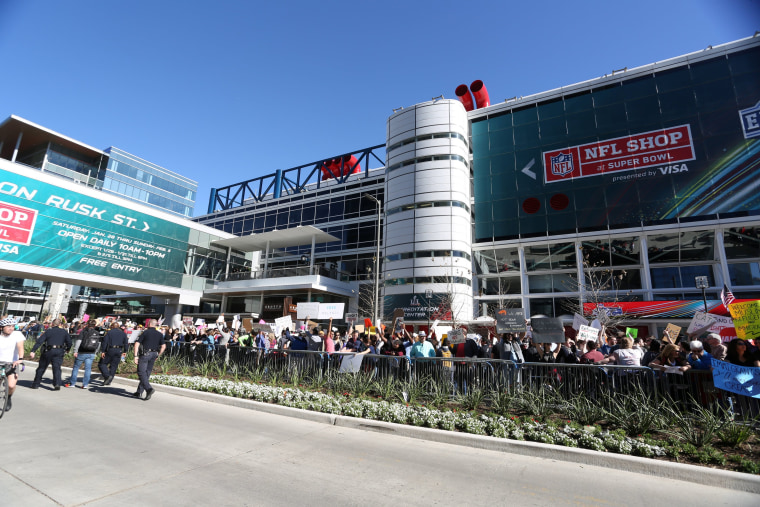 Image: Protesters during Super Bowl events in Houston