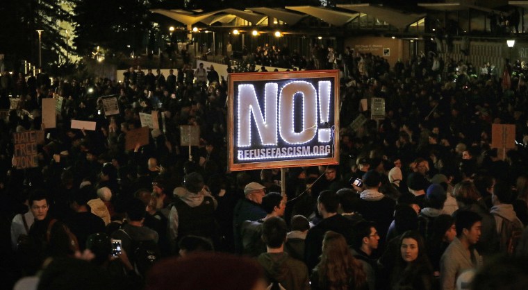 Image: Protestors against a scheduled speaking appearance by polarizing Breitbart News editor Milo Yiannopoulos fill Sproul Plaza on the University of California at Berkeley campus on Feb. 1, 2017, in Berkeley, Calif.