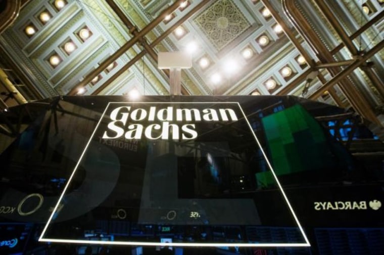 Goldman Sachs sign is seen above floor of the New York Stock Exchange shortly after the opening bell in the Manhattan borough of New York