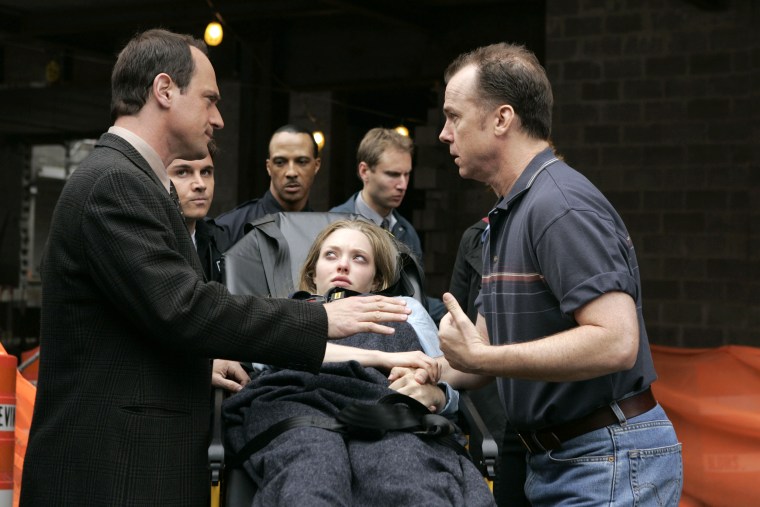 LAW &amp; ORDER: SPECIAL VICTIMS UNIT -- "Outcry" Episode 5 -- Pictured: (l-r) Christopher Meloni as Detective Elliot Stabler, Amanda Seyfried as Tandi McCain, Joseph Lyle Taylor as Jamie Barrigan