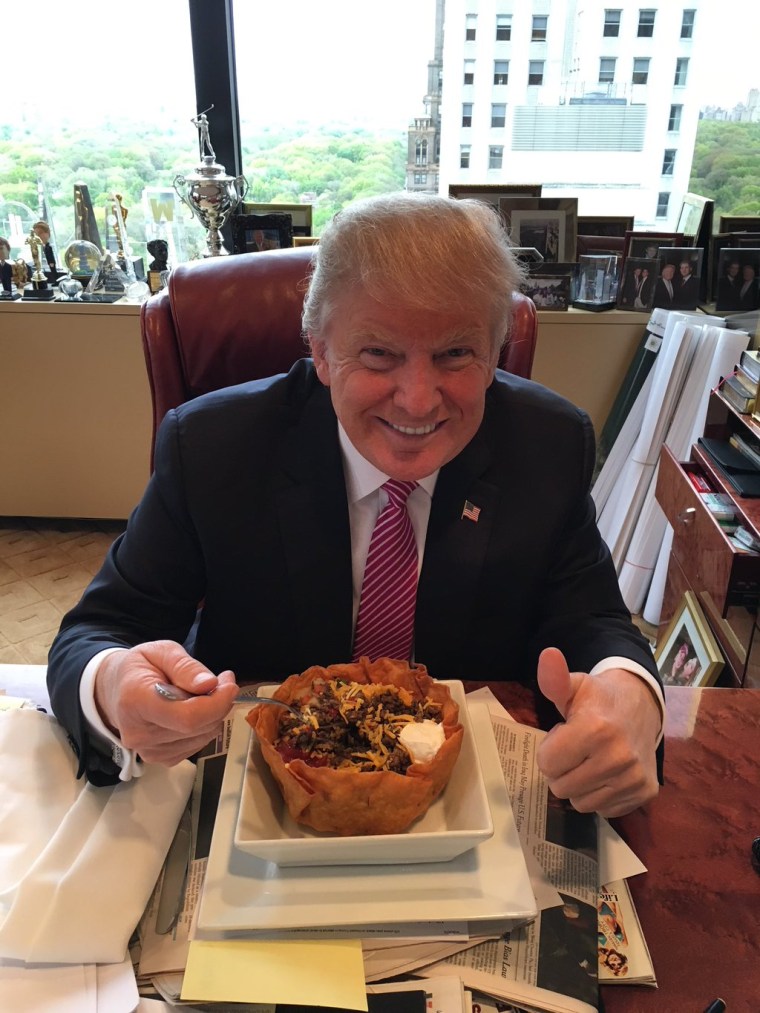 Donald Trump tweeted out this photo on May 5, saying "Happy #CincoDeMayo! The best taco bowls are made in Trump Tower Grill. I love Hispanics!"