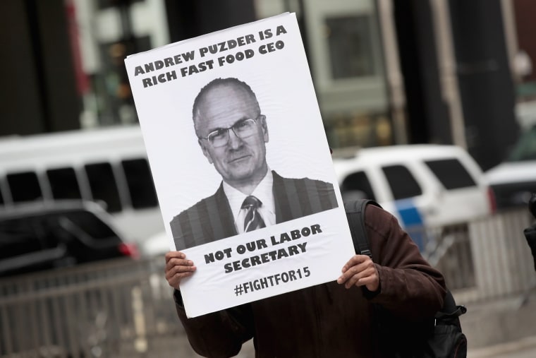 Image: Food workers protest Andy Puzder's labor secretary nomination