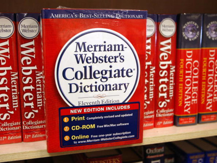 A Merriam-Webster's Collegiate Dictionary is displayed in a bookstore