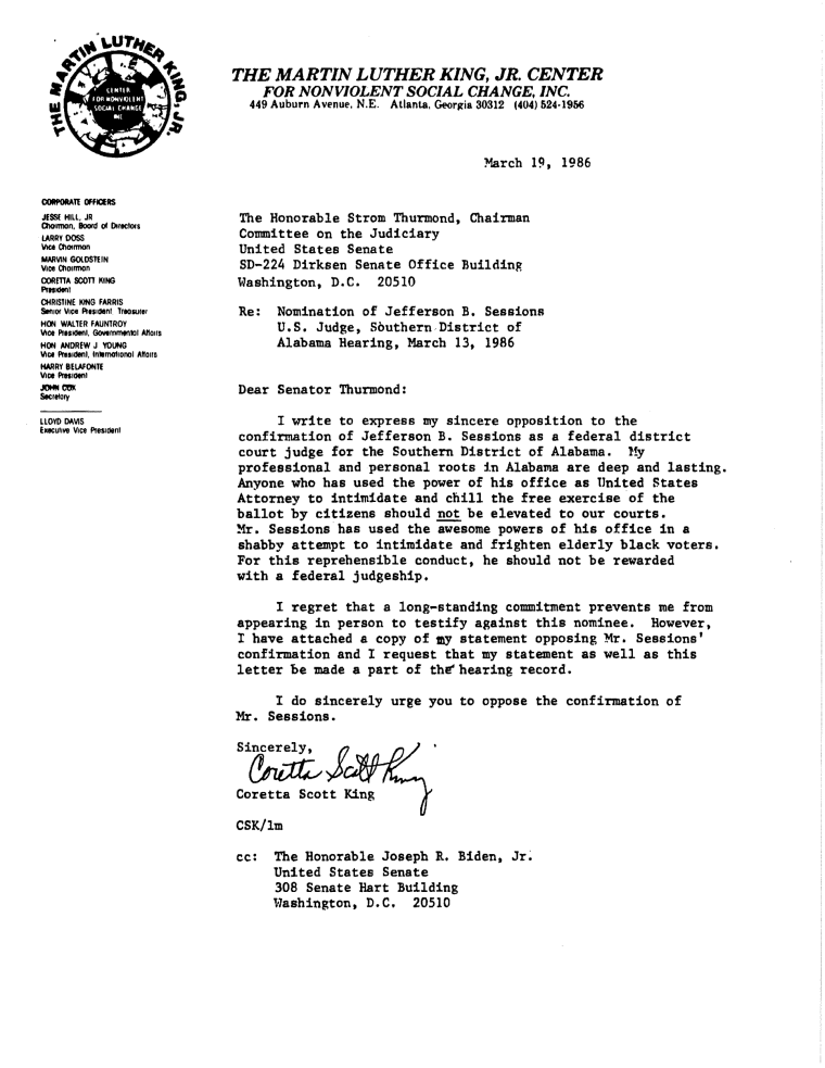 Image: Coretta Scott King wrote a letter in 1986 against the confirmation of Jeff Sessions as a federal judge