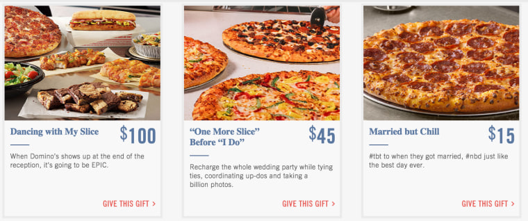 screenshot of the Domino's Pizza wedding registry site.