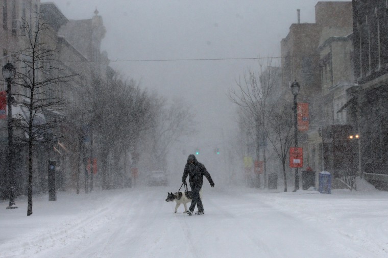 Image: A man walks his dog in heavy falling snow on Main Street in the village of Nyack, New York