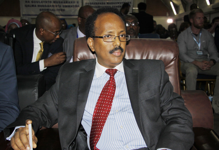 Image: New Somali President Mohamed Abdullahi Farmajo sits in the election hall after being elected in Mogadishu, Somalia on Feb. 8.