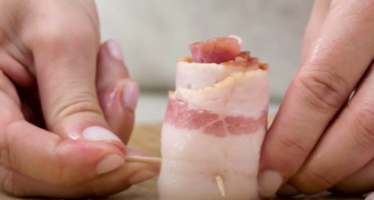 Skewering bacon with toothpicks