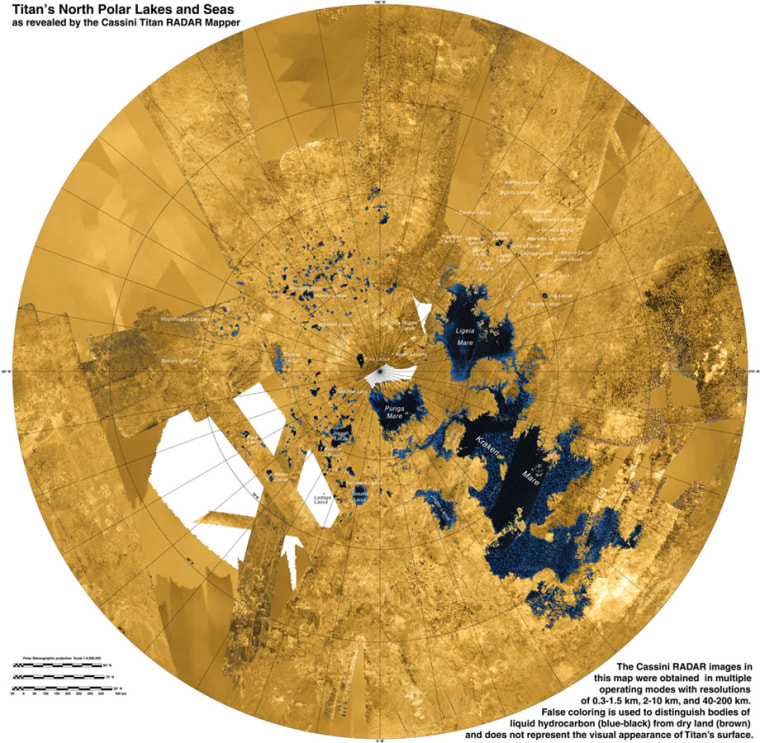 A radar map of Titan's north pole shows its lakes and seas made of methane and ethane.