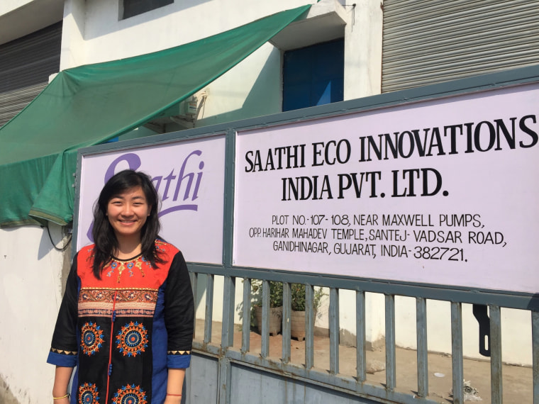 Kristin Kegetsu, co-founder of Saathi Pads, poses in front of the company's factory in Ahmedabad, India.