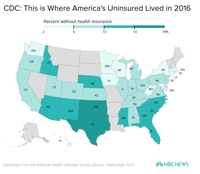 This map based on new statistics from the National Center for Health Statistics, part of the Centers for Disease Control and Prevention, shows where in the U.S. people still lack health insurance.