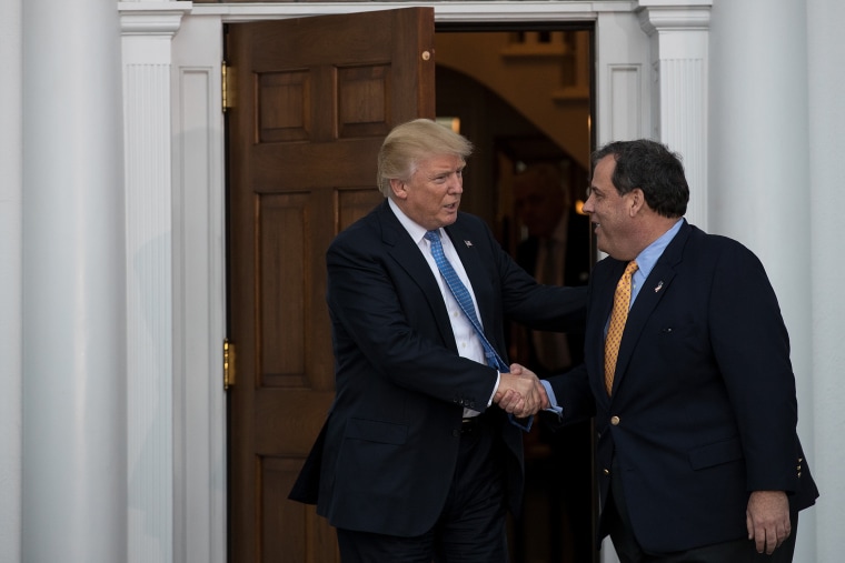 Image: President-elect Donald Trump and New Jersey Governor Chris Christie shake hands before their meeting on Nov. 20, 2016 in Bedminster Township, N.J.