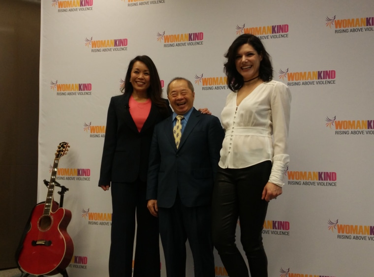 Womankind board chair Karen Elizaga, executive director Larry Lee, and musician Queen V at a press conference about the organization's rebranding.