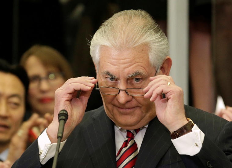 Image: U.S. Secretary of State Rex Tillerson removes his glasses after delivering remarks to Department of State employees upon arrival at the Department of State in Washington