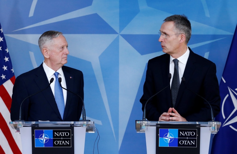 Image: Defense Secretary Mattis and NATO Secretary-General Stoltenberg brief the media during a NATO defence ministers meeting in Brussels