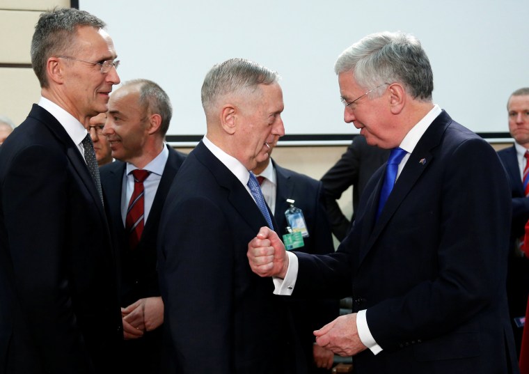 Image: NATO Secretary-General Stoltenberg, U.S. Defense Secretary Mattis and British Defence Secretary Fallon attend a NATO defence ministers meeting in Brussels