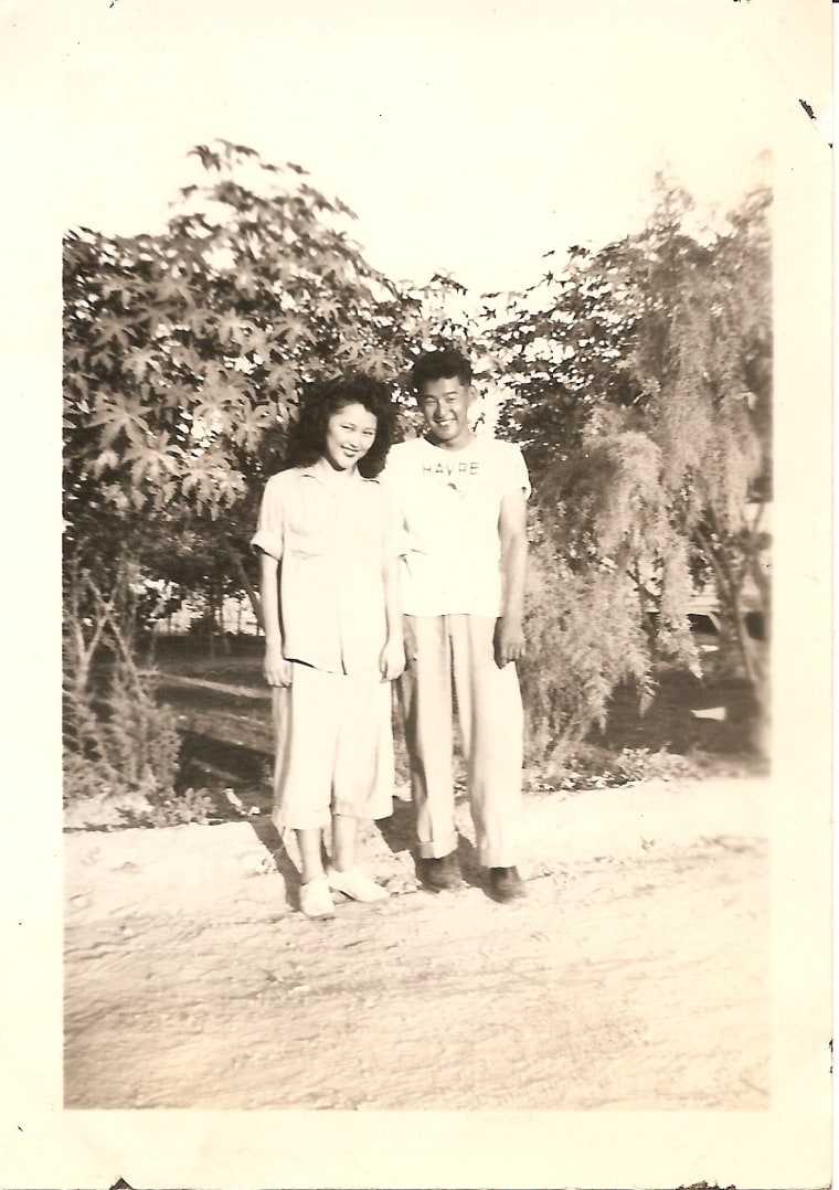 Nikiko Matsumoto's young jii-chan and baa-chan. Nikiko believes this photo was taken at an incarceration camp.