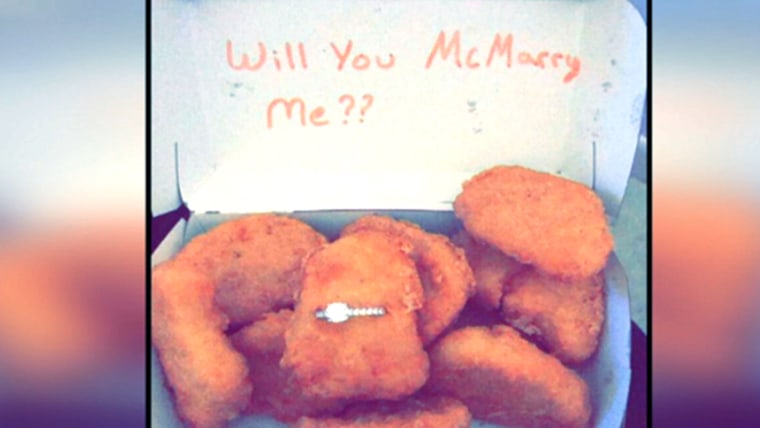 Man proposes with ring inside chicken nuggets box