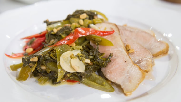 Michael Lomonaco's pork chop with vinegar peppers and broccoli rabe