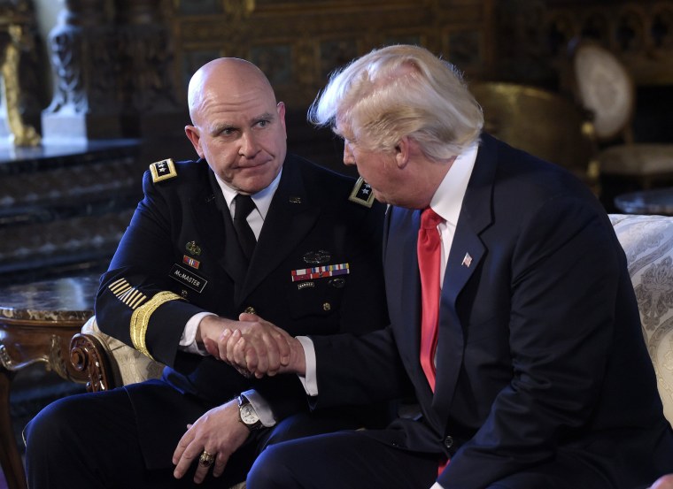 Image: President Donald Trump, right, shakes hands with Army Lt. Gen. H.R. McMaster, left, at Trump's Mar-a-Lago estate in Palm Beach, Fla., Feb. 20, 2017, where he announced that McMaster will be the new national security adviser.