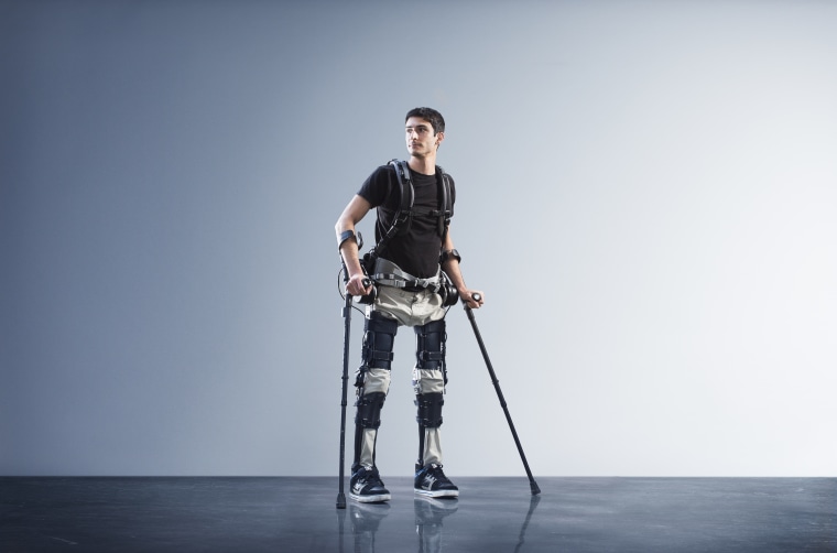 Steve Sanchez, chief pilot for suitX, test drives the Phoenix exoskeleton.