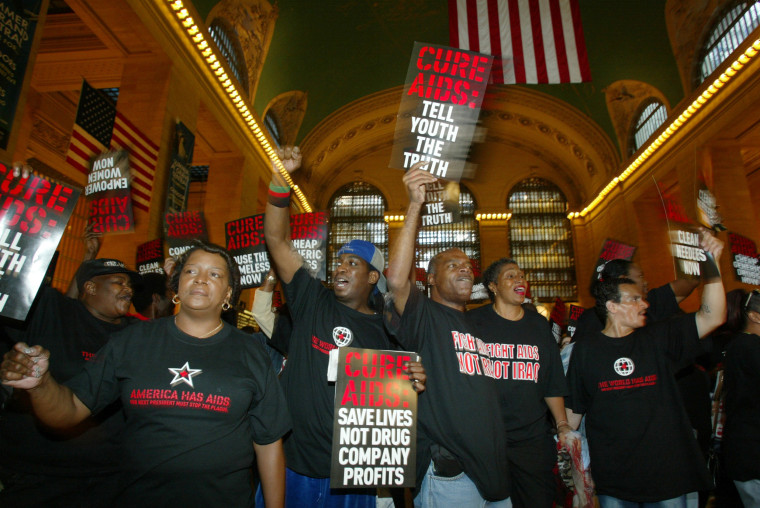 Image: AIDS activists protest in New York's Grand Central Station on Sept. 2, 2004, on the final day of the Republican National Convention.