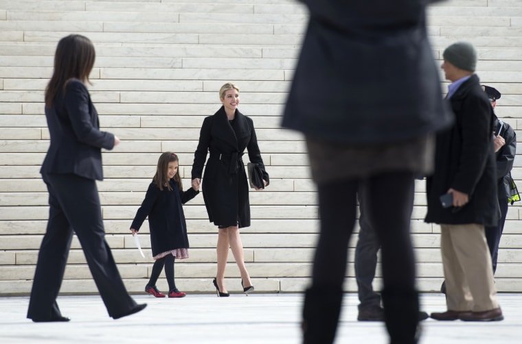 Image: Ivanka Trump, daughter of President Donald Trump, and her daughter Arabella Kushner walk down the steps of the Supreme Court in Washington, Feb. 22, 2017.