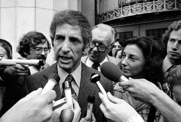 Image: Daniel Ellsberg, co-defendant in the Pentagon Papers case, talks to media outside the Federal Building in Los Angeles in April 28, 1973.