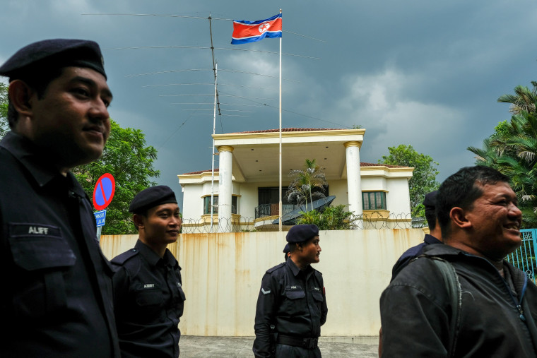 Image: Malaysian police outside the North Korean Embassy in Kuala Lumpur