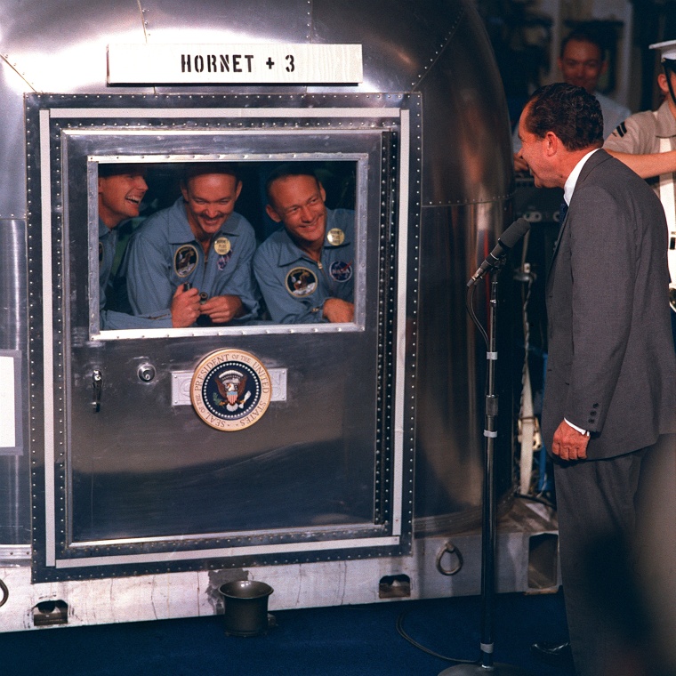 Image: United States President Richard M. Nixon was in the central Pacific recovery area to welcome the Apollo 11 astronauts aboard the USS Hornet